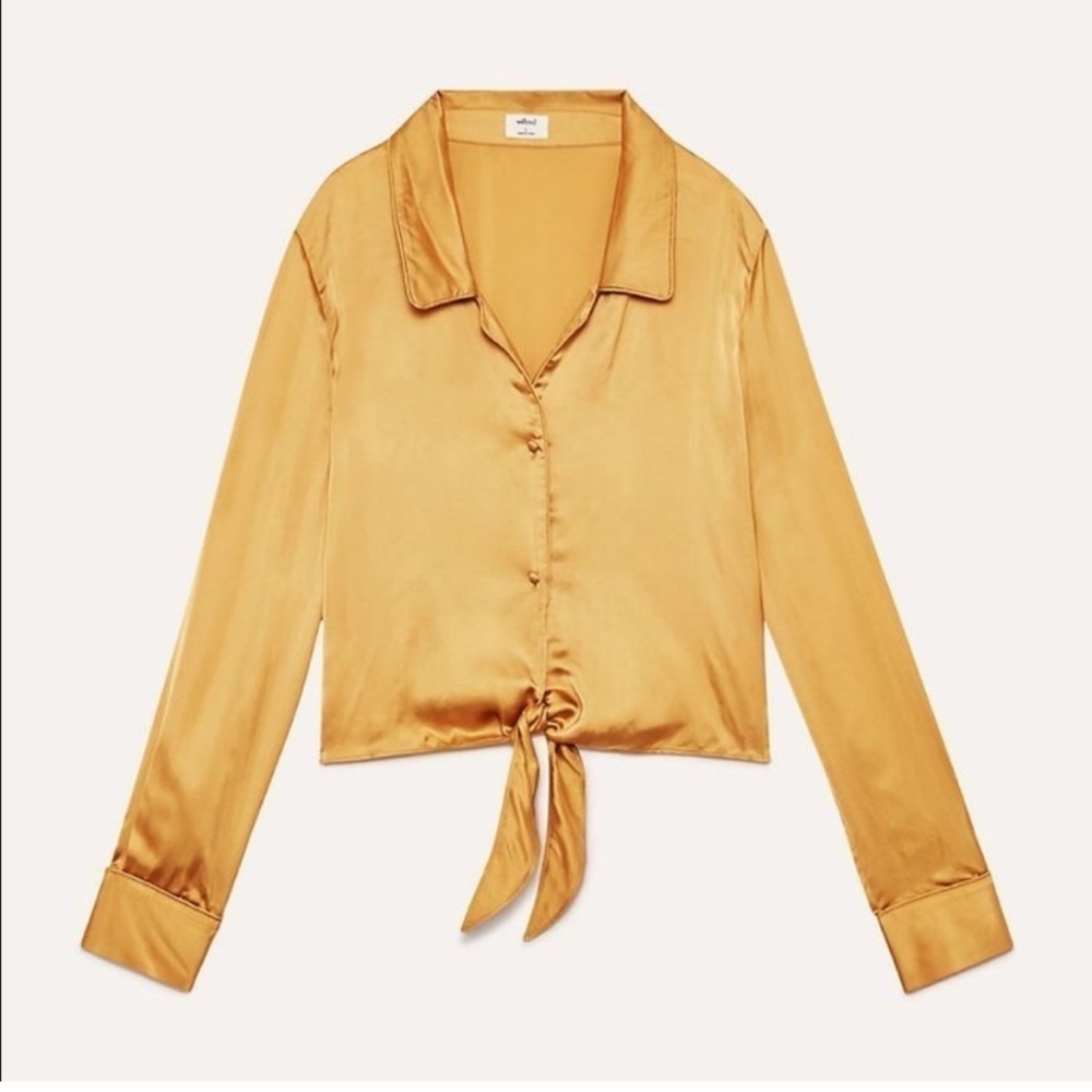 Aritzia Wilfred Yellow Ivory Tie-Front Long Sleeve Satin Blouse XXS
